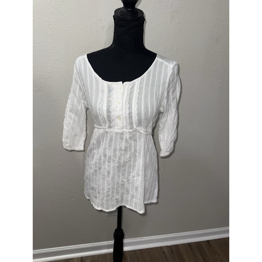 DE.CØDED White Gauze Babydoll Blouse M Medium Empire Waist Lace Metallic Boho